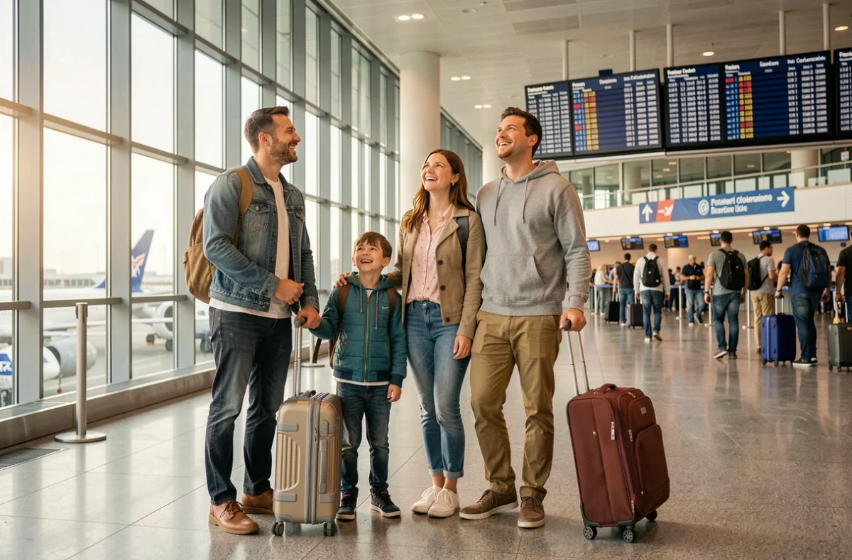 Famille souriante avec bagages dans le hall de départ d'un aéroport international, illustrant des billets d'avion accessibles avec MisterFly Club