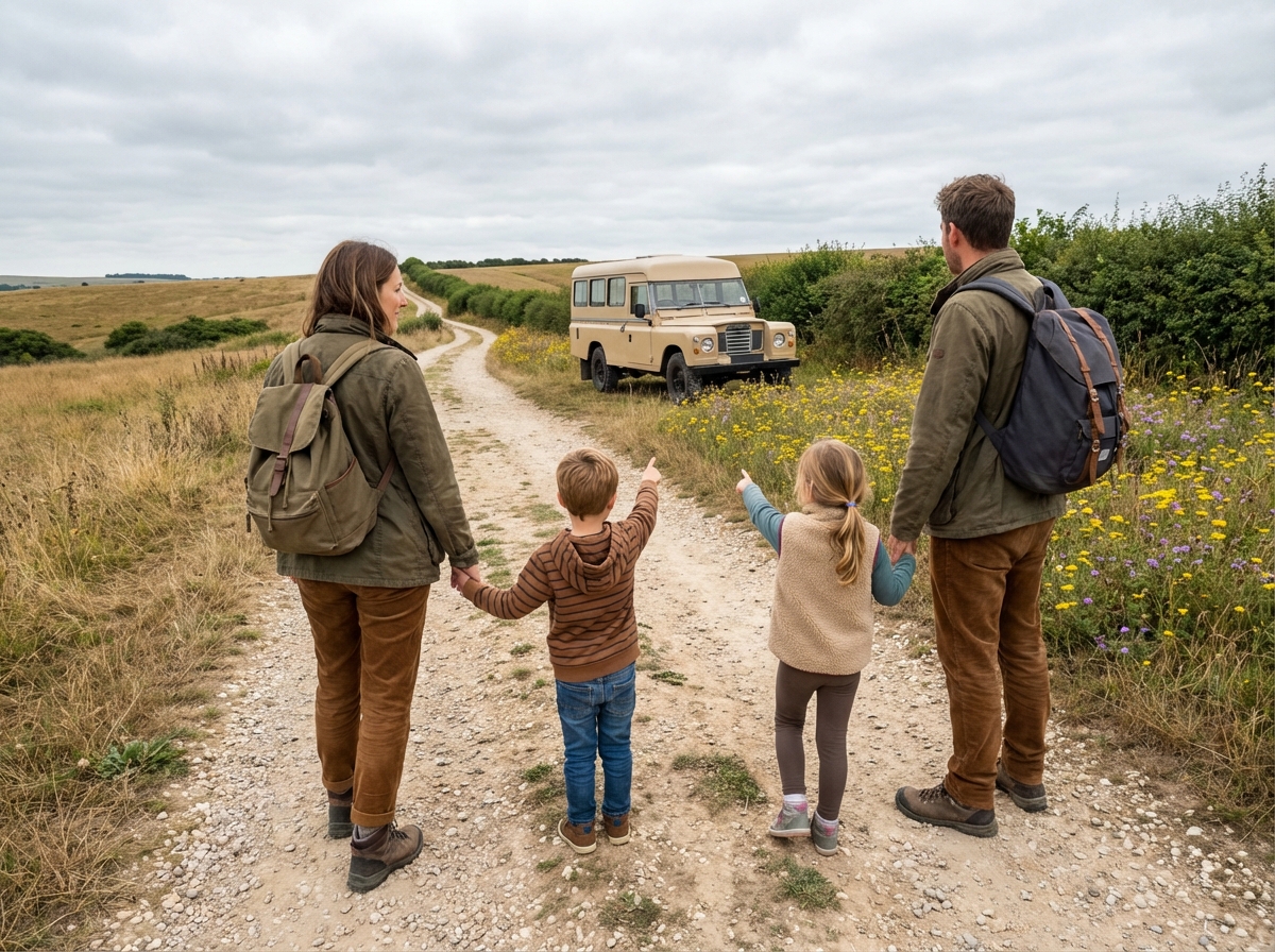 Famille en promenade dans la campagne avec un bus