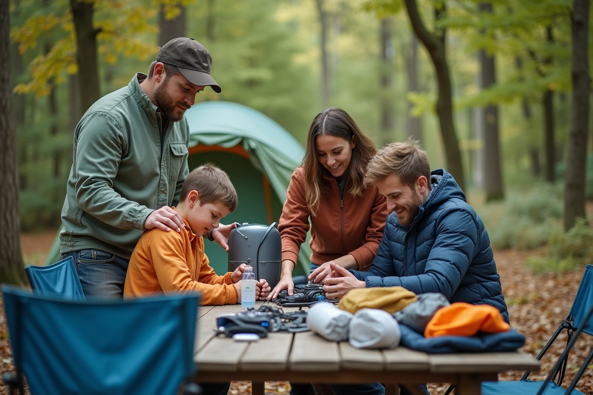 Famille de quatre organisant leur matériel au camping