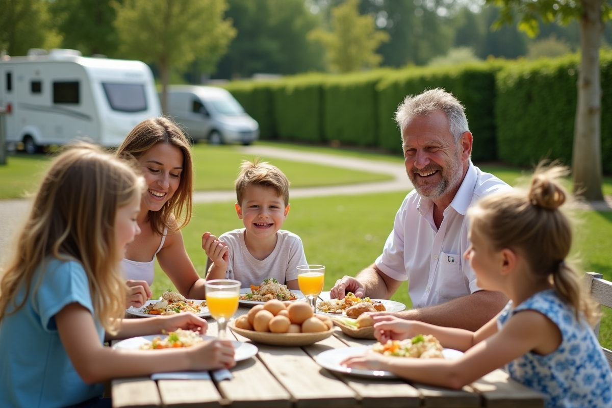 Famille française détendue partageant un repas en camping