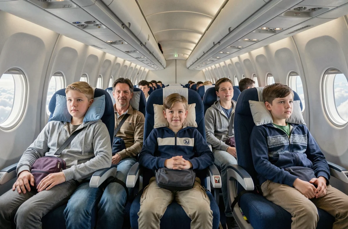 Famille de cinq personnes installée en classe économique dans un avion, illustrant un voyage aérien abordable grâce aux offres MisterFly Club pour les familles
