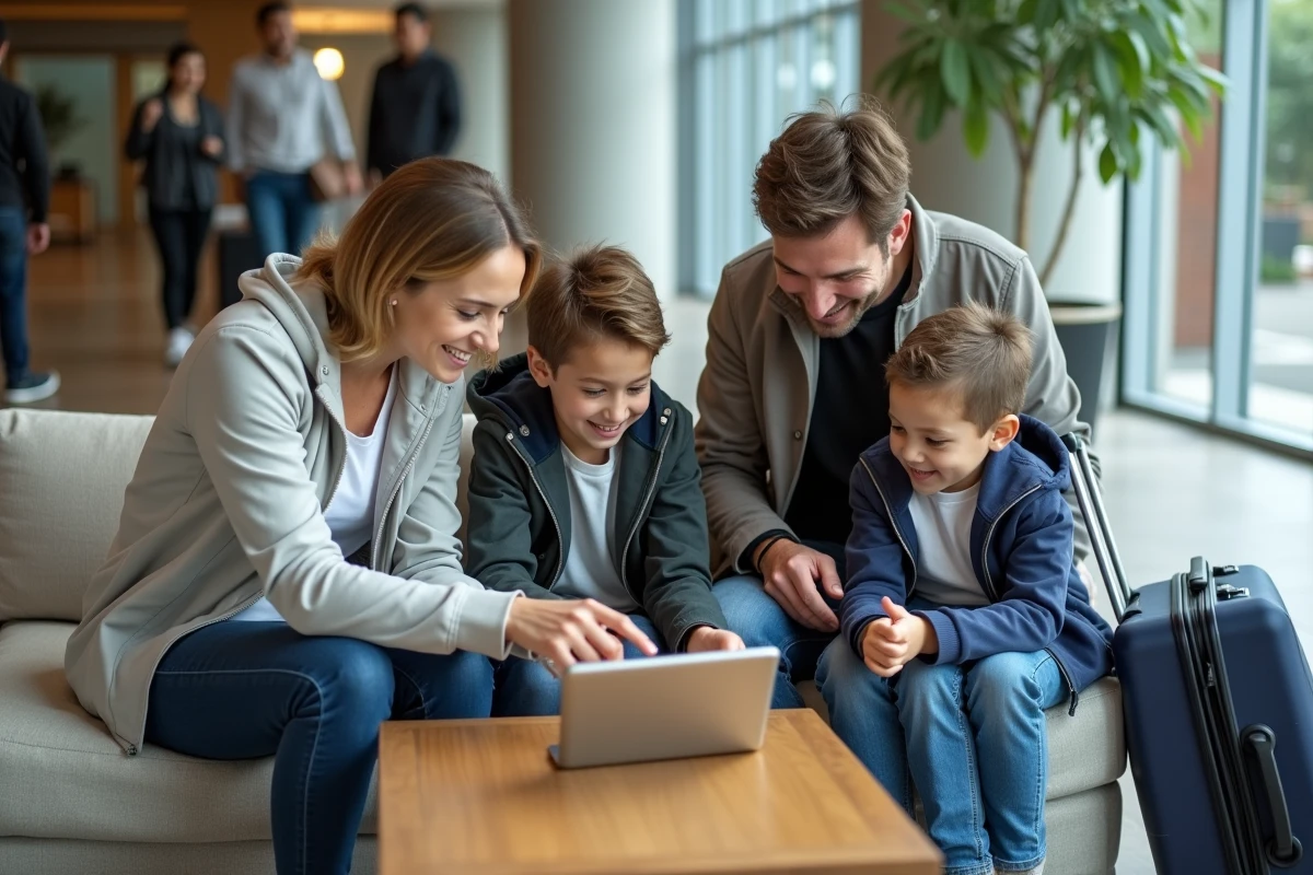 Une famille avec deux adolescents consulte Google Flights sur une tablette dans le hall d'un hôtel, entourée de bagages, pour planifier leur prochain voyage