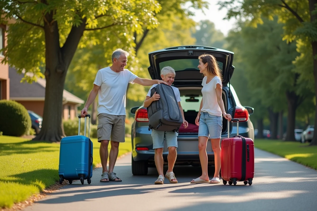 Famille heureuse chargeant des valises dans une voiture pour partir en vacances d'été
