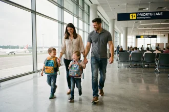 Famille avec enfants en bas âge utilisant l'embarquement prioritaire dans un terminal d'aéroport moderne