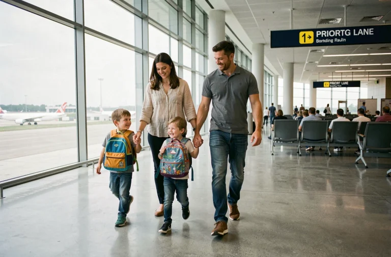 Famille avec enfants en bas âge utilisant l'embarquement prioritaire dans un terminal d'aéroport moderne