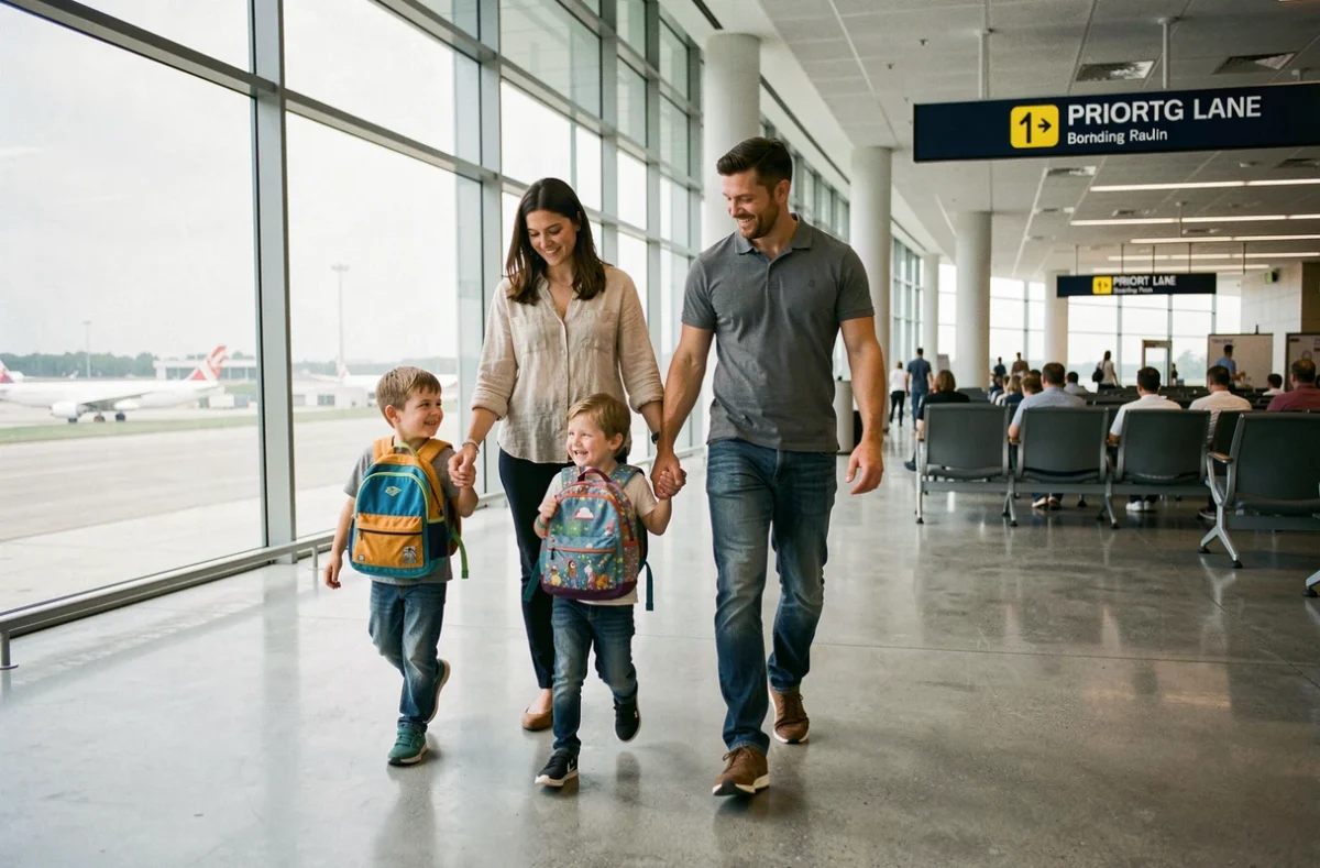 Famille avec enfants en bas âge utilisant l'embarquement prioritaire dans un terminal d'aéroport moderne