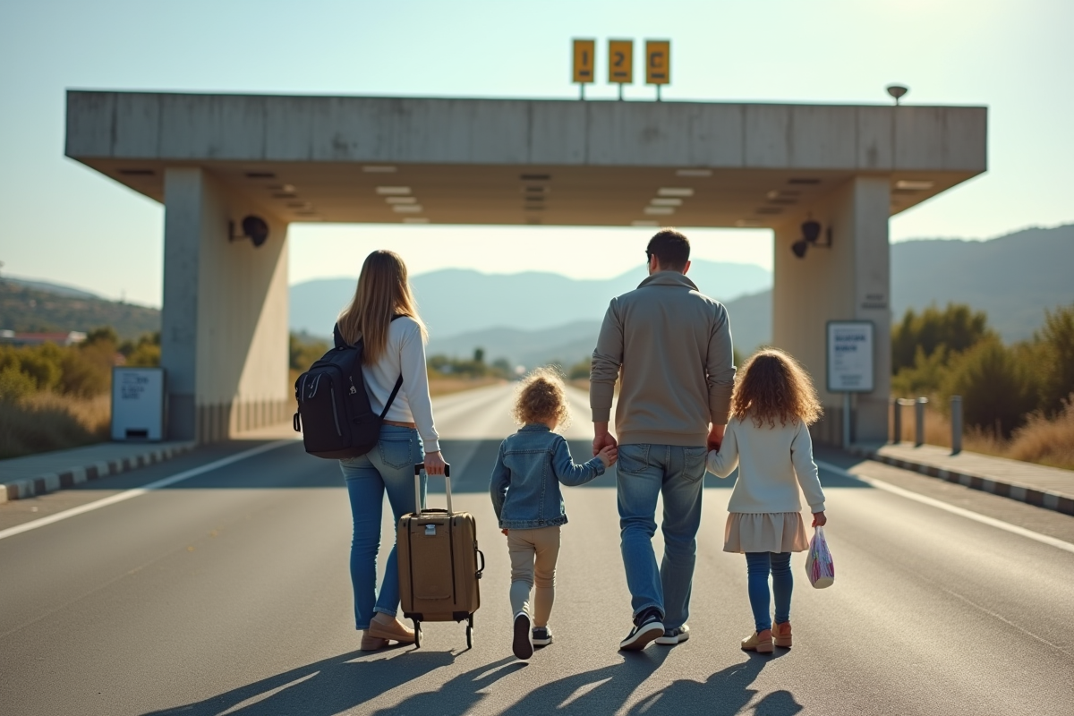 Famille devant un poste frontière en Espagne