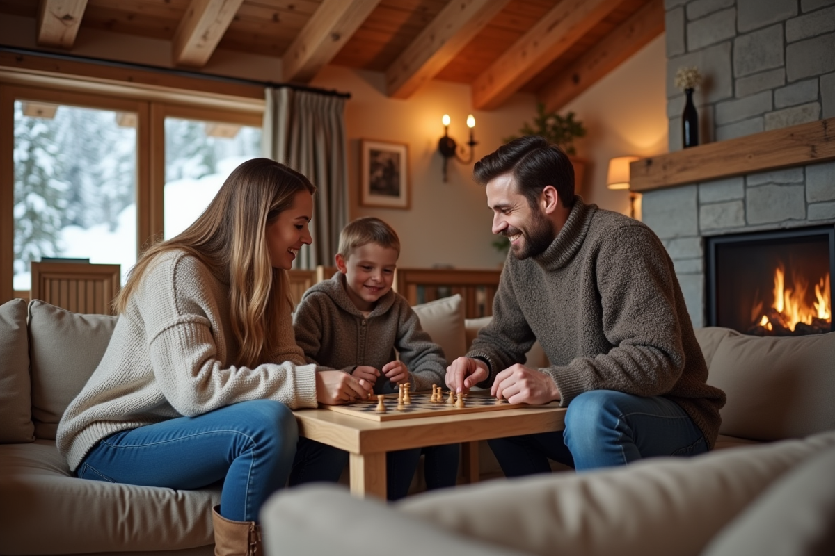 Famille jouant à un jeu de société dans un chalet chaleureux