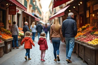 Famille explorant un marché en plein air à Dancharia