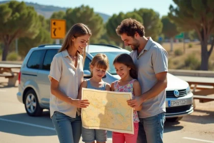 Famille avec enfants consultant une carte routière à une aire de repos sur l'autoroute en Espagne