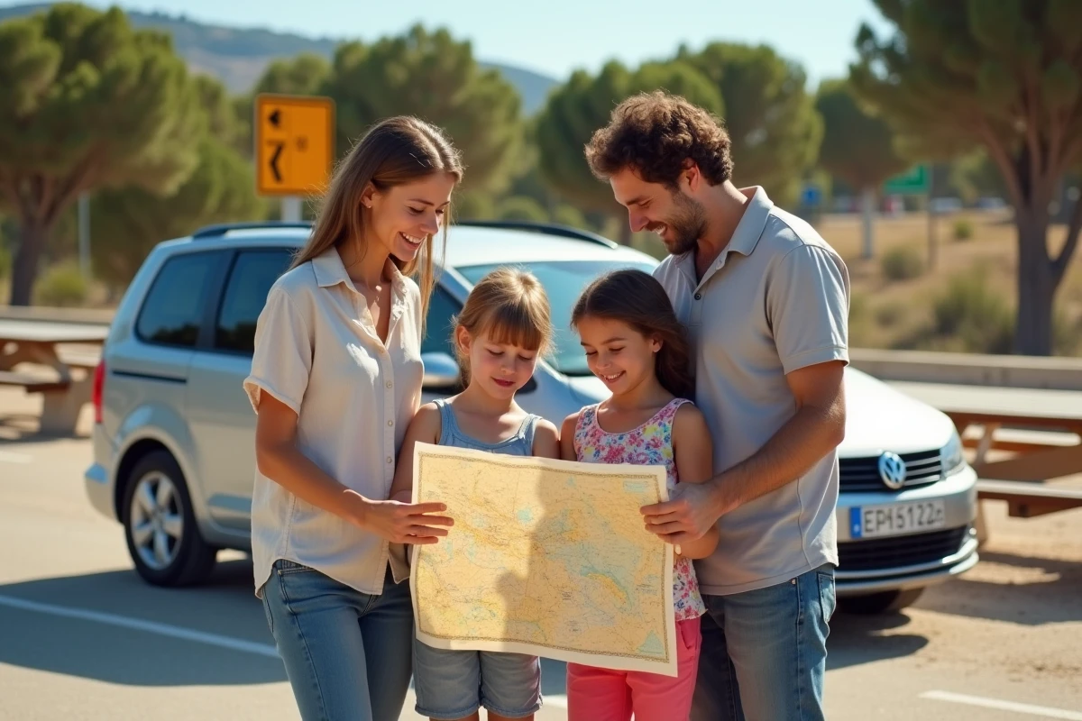 Famille avec enfants consultant une carte routière à une aire de repos sur l'autoroute en Espagne