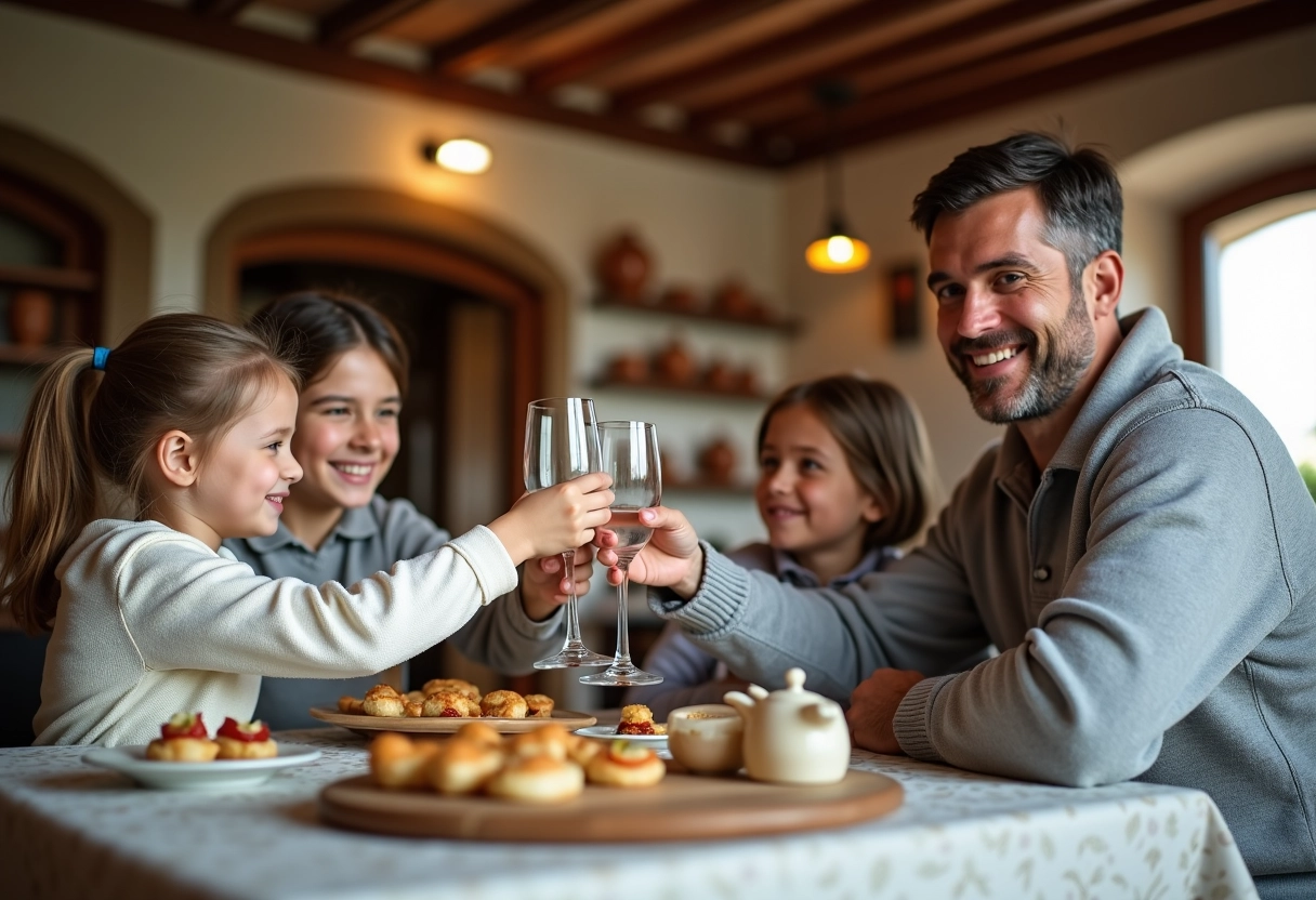 Famille souriante partageant des pintxos dans un restaurant