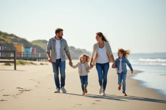 Famille souriante sur la plage belge en famille