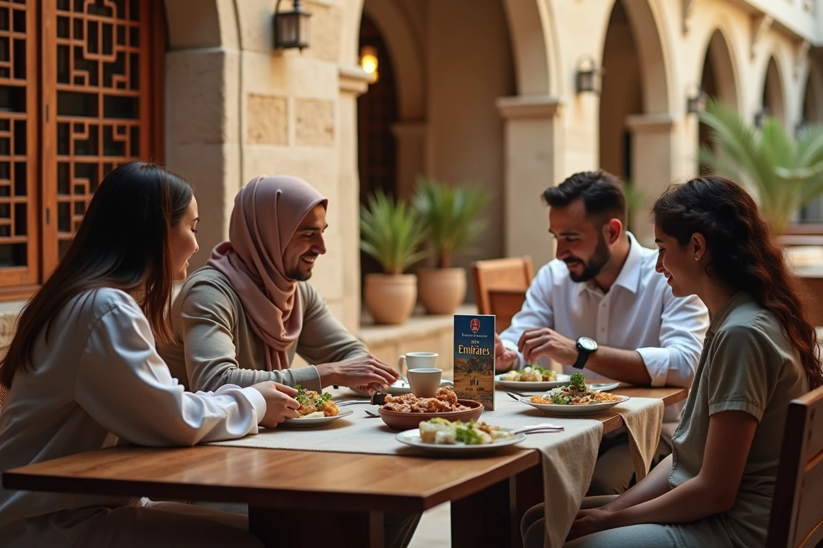Famille consultant un guide de voyage Emirates Holidays dans un restaurant traditionnel du quartier historique Al Fahidi à Dubaï