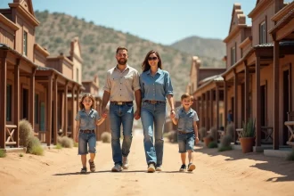 Famille souriante en promenade dans un décor western