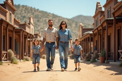 Famille souriante en promenade dans un d&eacute;cor western