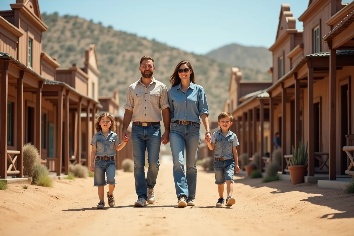 Famille souriante en promenade dans un décor western