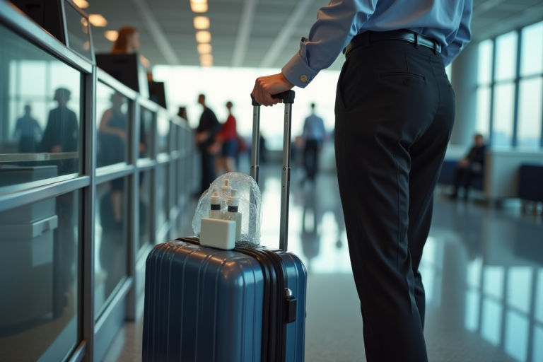 Femme d affaires à l aéroport vérifiant ses liquides