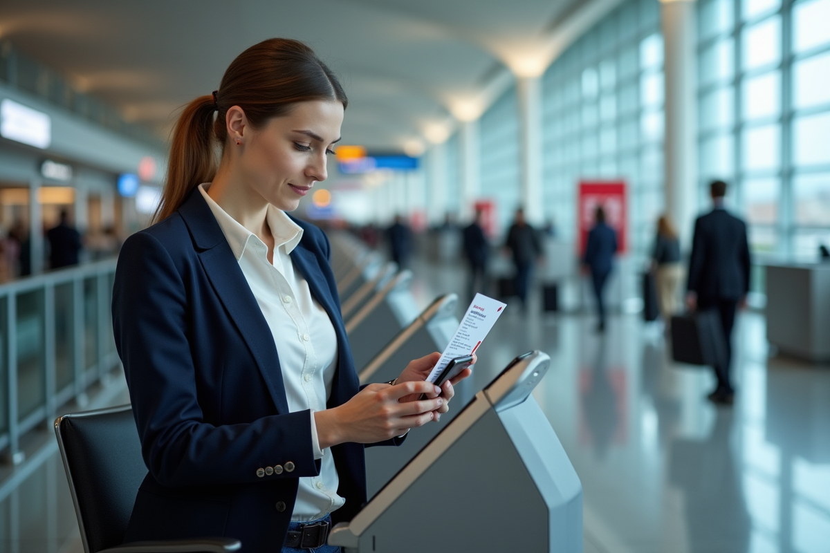 Femme à l'aéroport utilisant un kiosque d'enregistrement