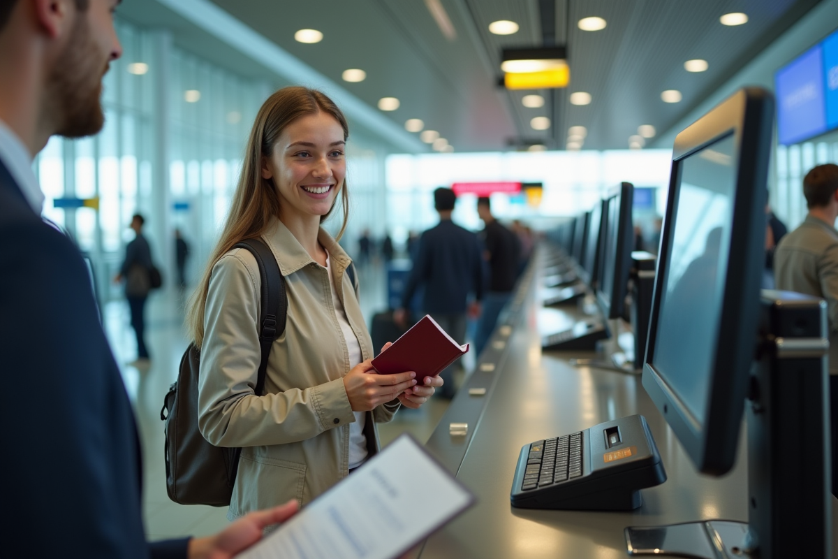 Jeune femme à l'aéroport présentant son passeport