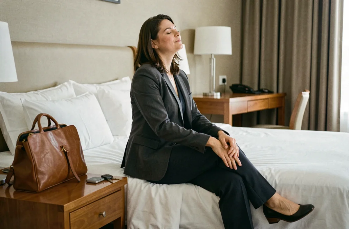 Femme d'affaires se reposant dans une chambre d'hôtel réservée pour quelques heures en journée