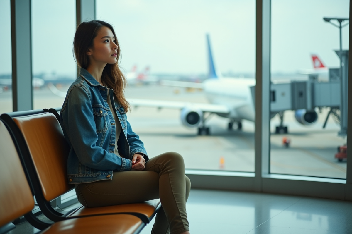 Jeune femme en denim regardant l'aéroport