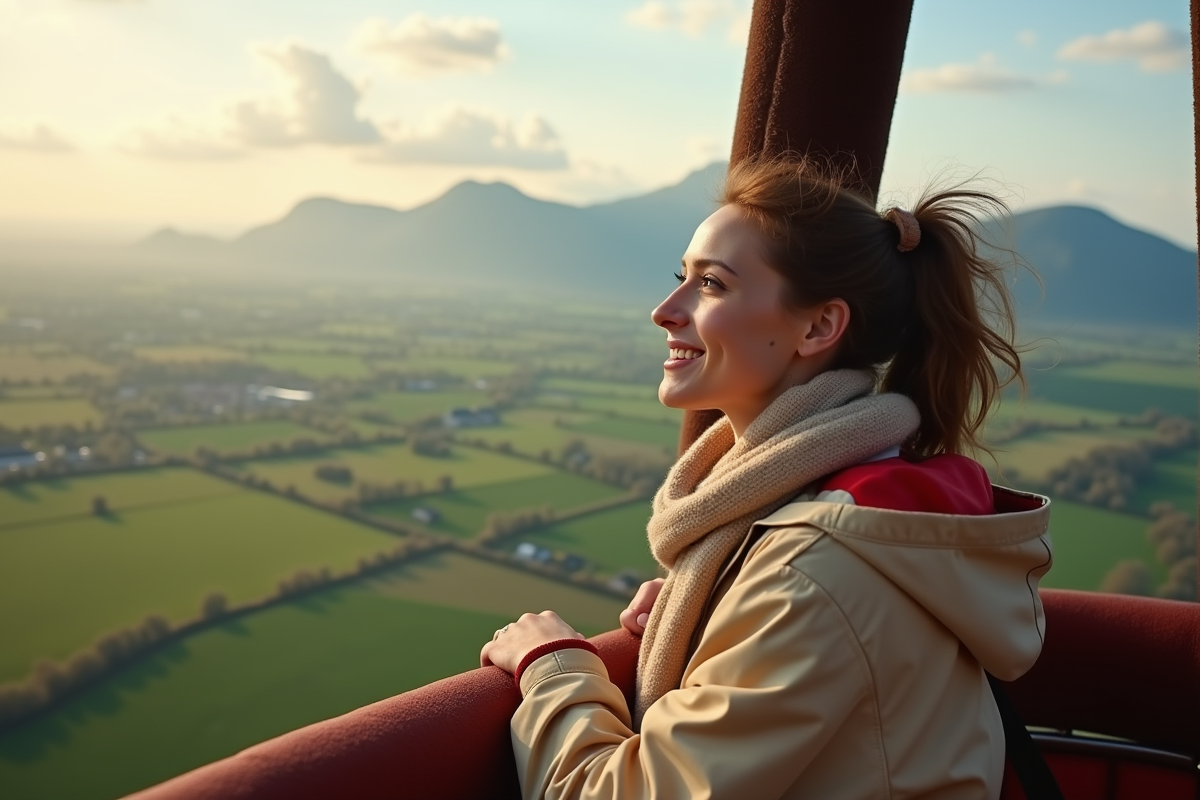 Femme souriante dans un ballon au-dessus de la campagne