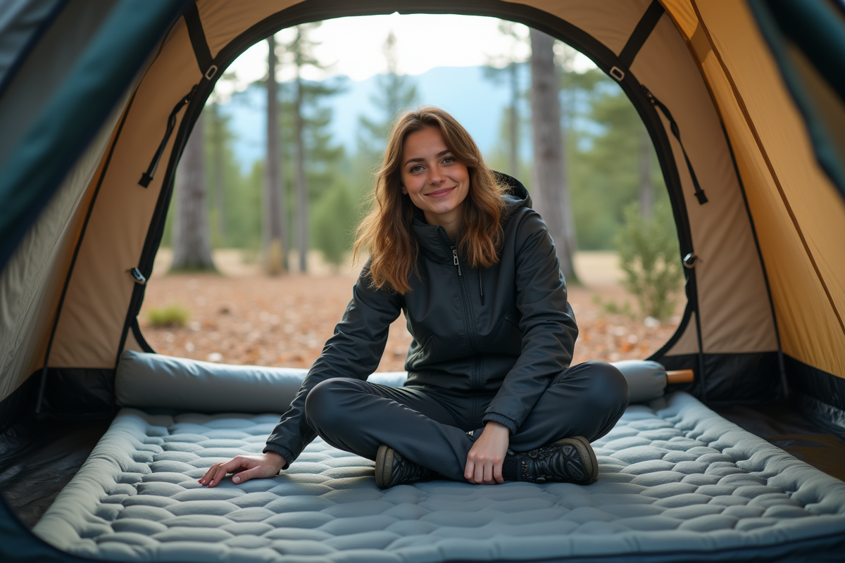 Jeune femme en camping dans une forêt de pins