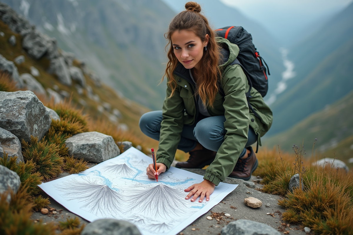 Jeune femme avec carte en montagne passante