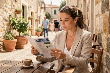 Femme consultant les garanties de la carte Le Petit Maltais dans un café méditerranéen
