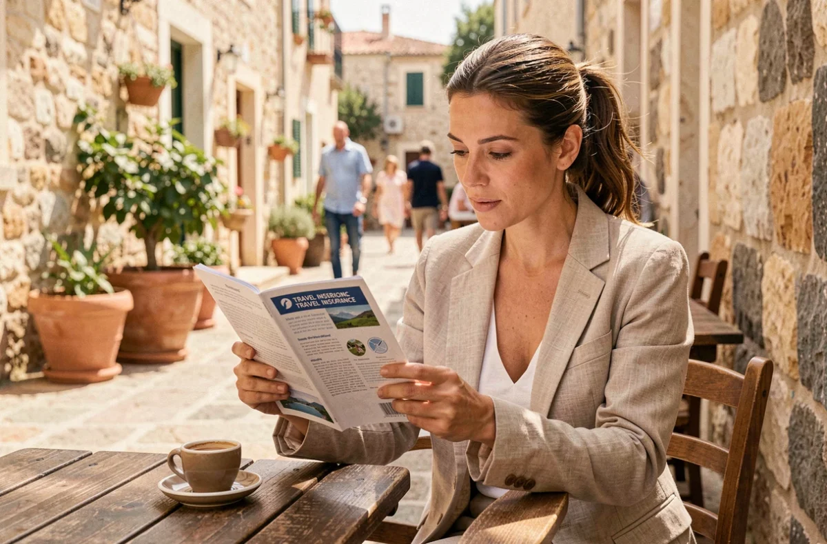 Femme consultant les garanties de la carte Le Petit Maltais dans un café méditerranéen