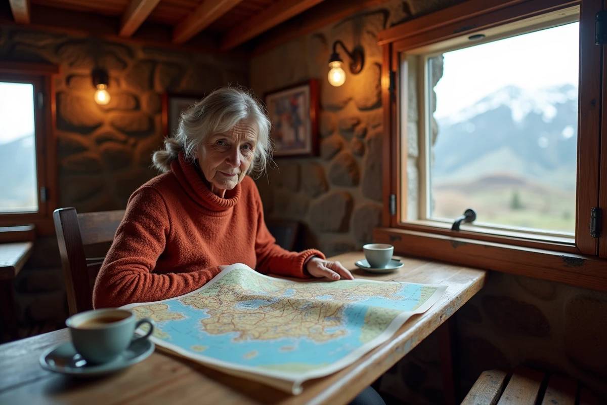 Femme consultant une carte des volcans italiens dans un refuge de montagne avec vue sur le Vésuve