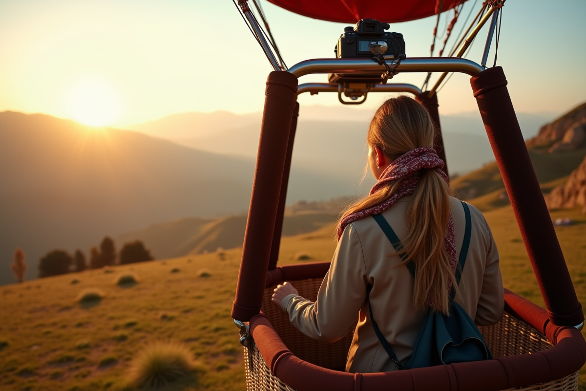 Jeune femme entrant dans un ballon au lever du soleil