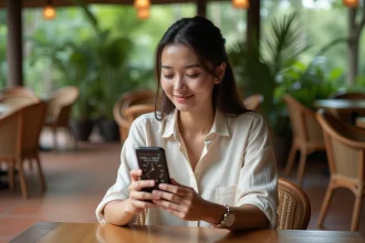Jeune femme consultant une application de fuseaux horaires sur smartphone dans un café à Bali