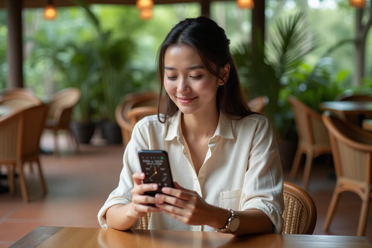Jeune femme consultant une application de fuseaux horaires sur smartphone dans un café à Bali