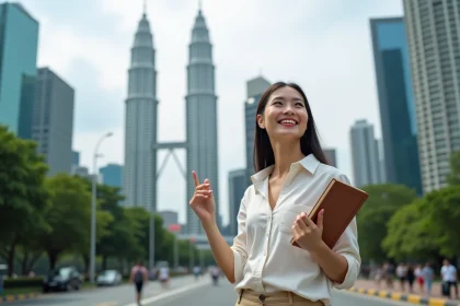 Femme souriante pr&egrave;s des tours Petronas &agrave; Kuala Lumpur