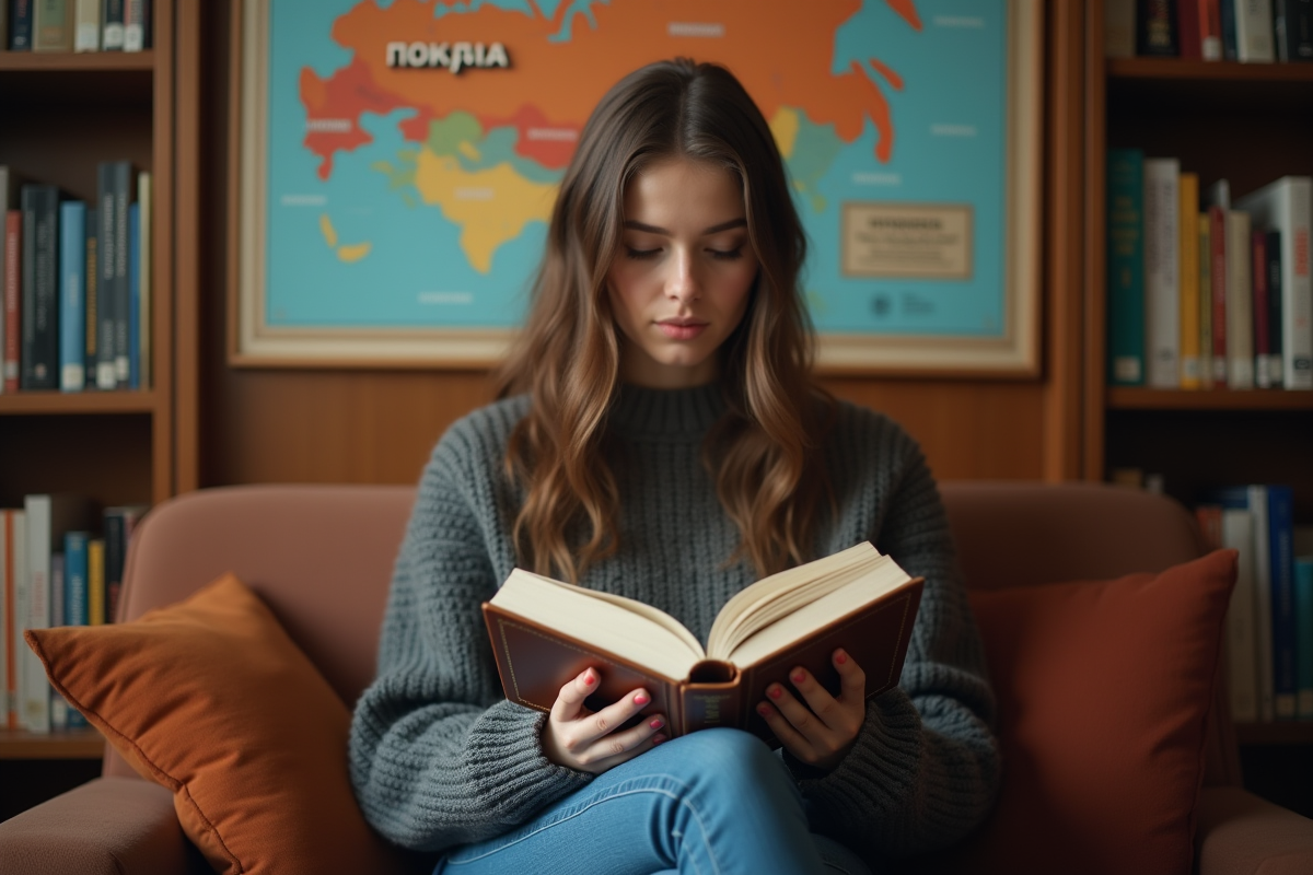 Jeune femme lisant dans une bibliothèque chaleureuse