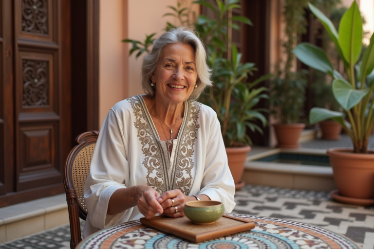 Femme marocaine souriante en kaftan dans un patio de Marrakech