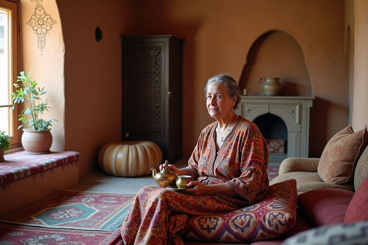 Femme marocaine sirotant du thé à la menthe dans un kasbah