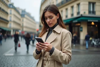 Femme consultant une application de navigation sur smartphone dans une rue parisienne avec des bâtiments haussmanniens en arrière-plan
