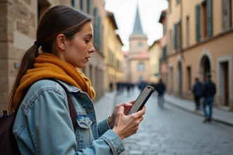Jeune femme consultant une application de navigation sur smartphone dans une rue pavée d'une ville européenne inconnue