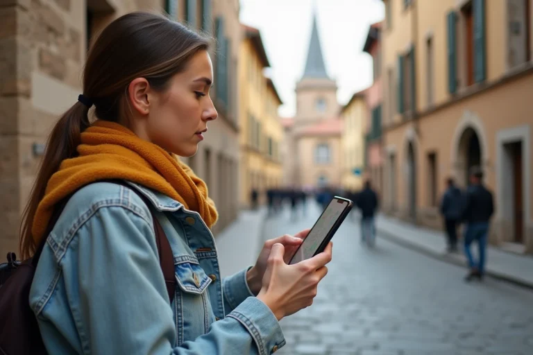 Jeune femme consultant une application de navigation sur smartphone dans une rue pavée d'une ville européenne inconnue