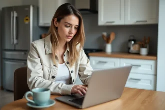 Jeune femme regarde son ordinateur pour comparer des billets de ferry