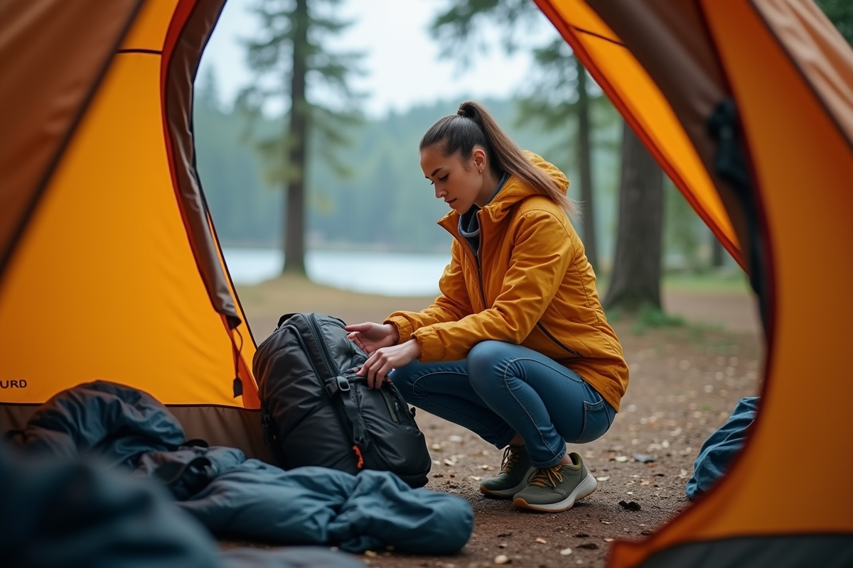 Jeune femme triant son équipement près de la tente