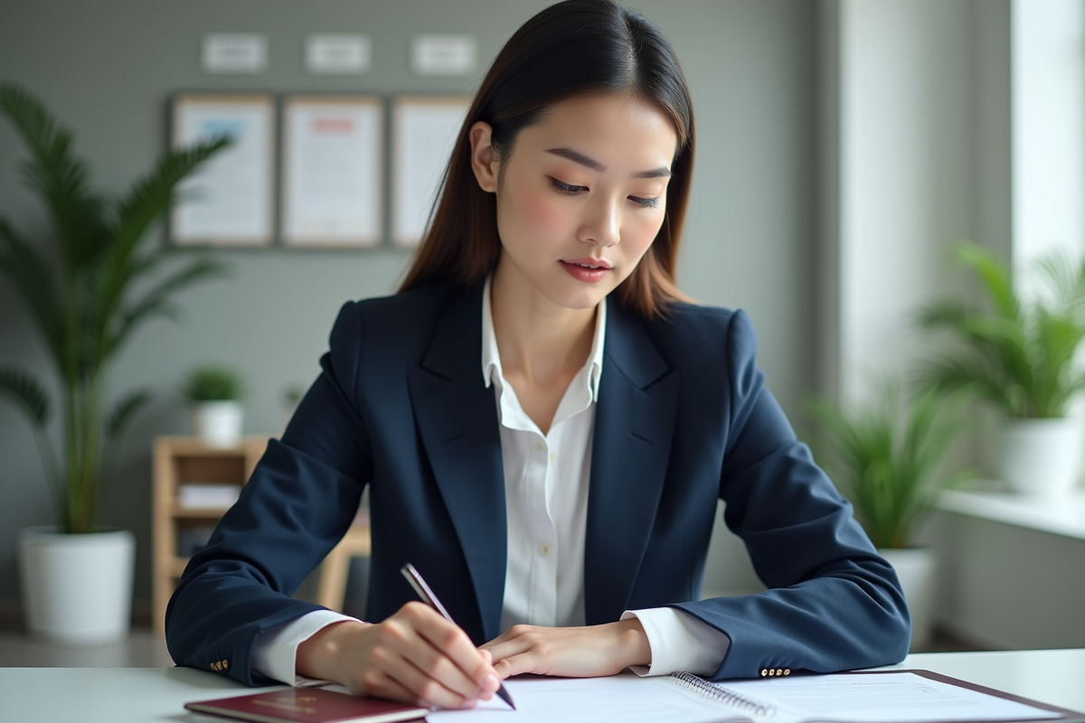 Femme en blazer navy organise documents de visa dans un bureau moderne