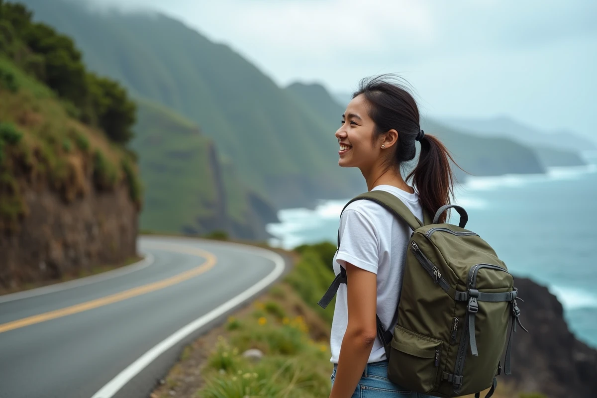 Jeune femme souriante en randonnée avec vue sur la Réunion