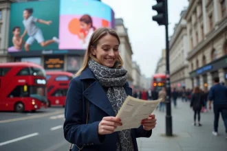 Jeune femme souriante à Piccadilly Circus avec carte