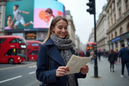 Jeune femme souriante à Piccadilly Circus avec carte