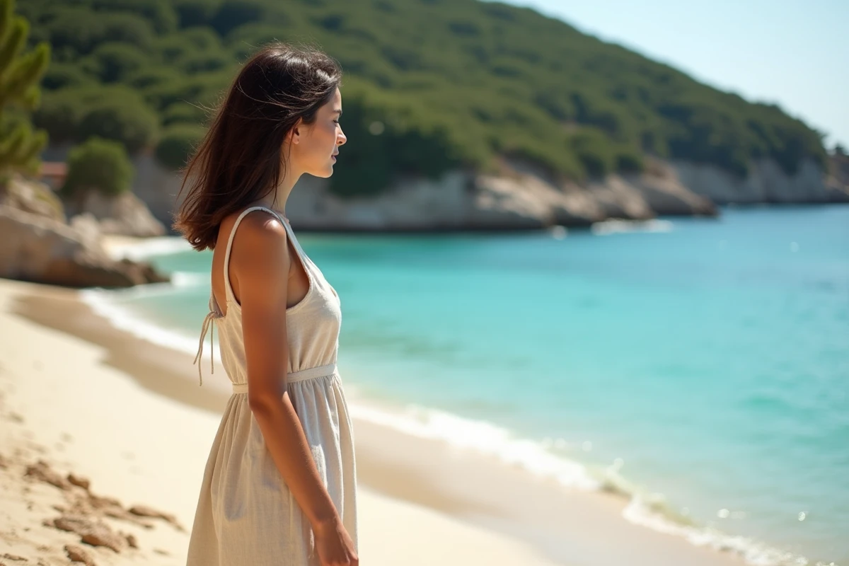 Femme contemplant la plage de Cupabia en Corse avec vue sur le golfe de Valinco