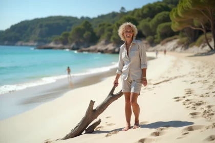 Femme souriante ramassant un bois flott&eacute; &agrave; Palombaggia